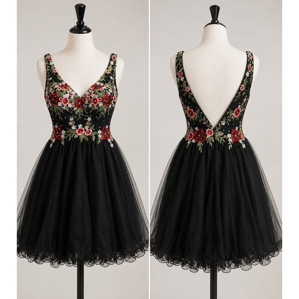 Blondie Nites Womens 11 Black Floral Embroidered Tulle Fit Flare Cocktail Dress